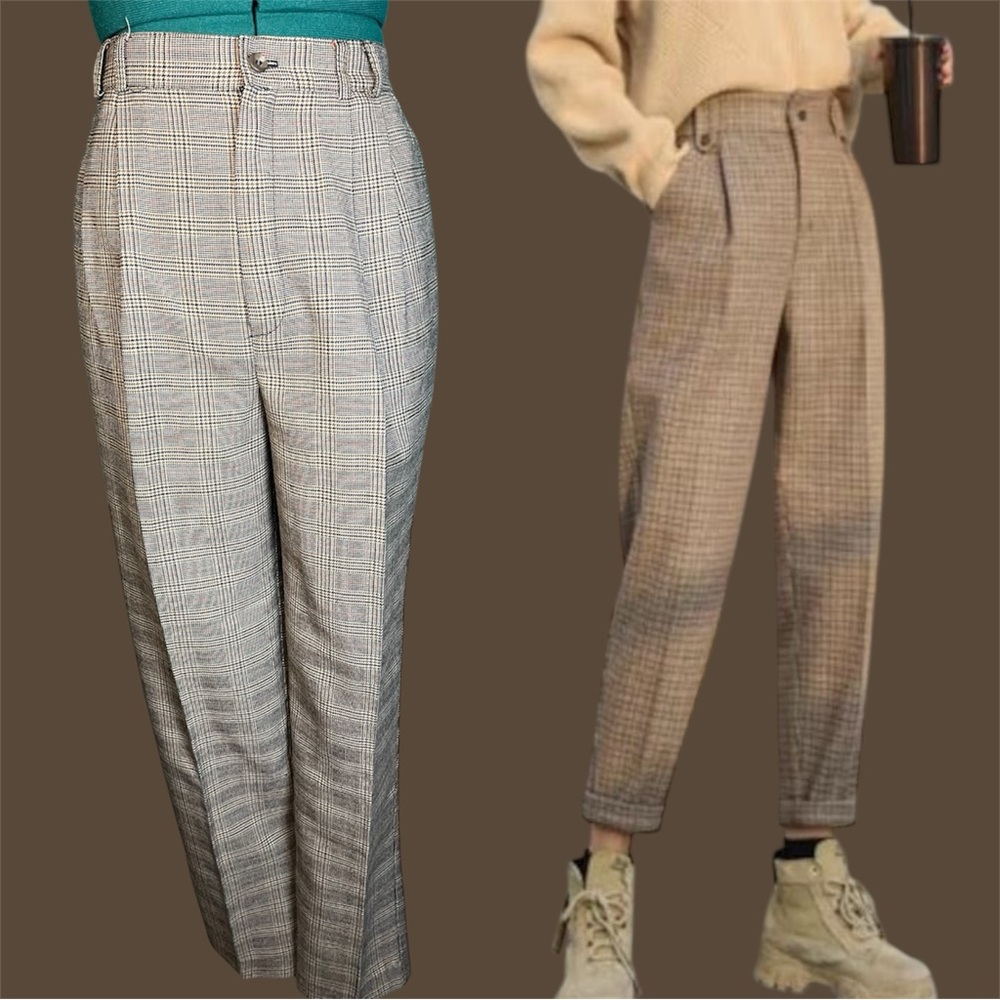 Vintage Plaid High-Waisted Women's Pants